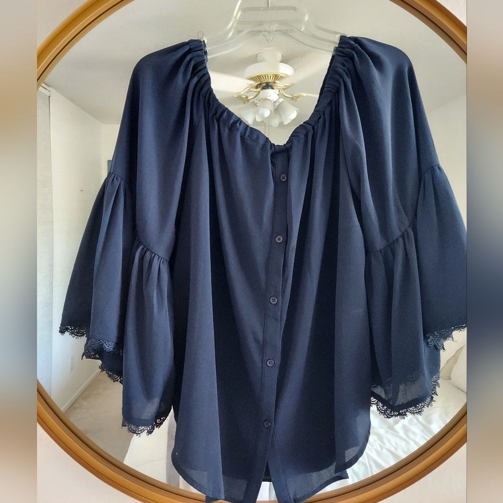 Jealous Tomatoe 0ff- Shoulder Button Down Flare Sleeves Blouse Navy Sz S #0239